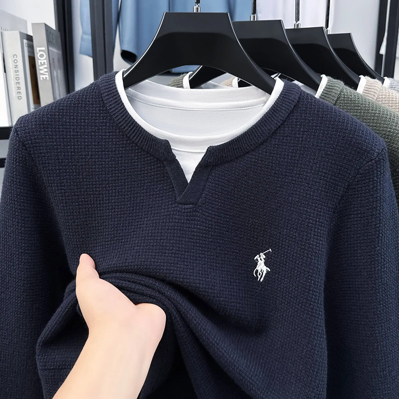 

2025 New Autumn/Winter Fashion Embroidery V-neck Little Horse Logo Men's Couple Same Style Fake Two Piece Trendy Brand Sweater