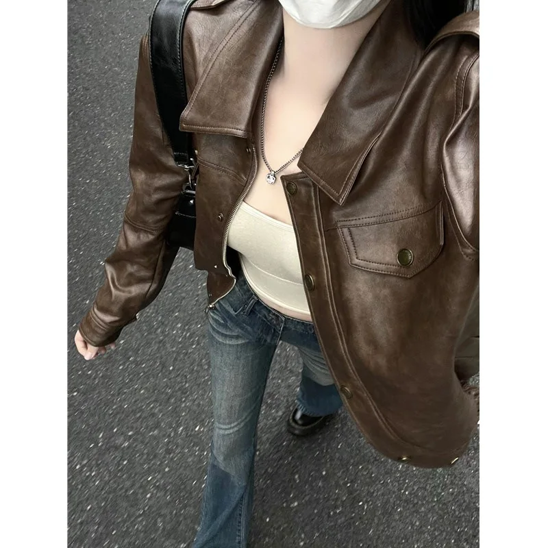 

brown leather jacket coat Women's spring autumn new model popular retro design sense leather jacket tops casual style casual
