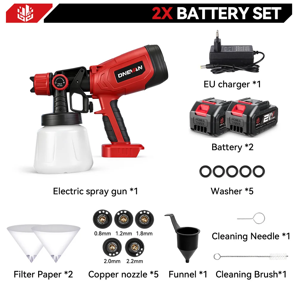 ONEVAN 1400ML Elektrische Spritzpistole, kabellos, tragbar, für Wand- und Geländeranstriche, Haushaltswerkzeug mit 5 Düsen, kompatibel mit Makita 18V Akku.