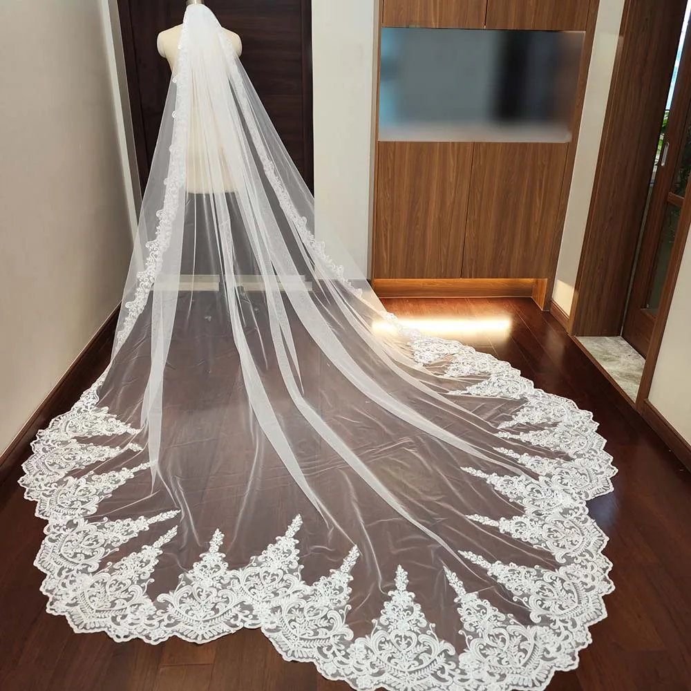 Customized Mermaid Tail Wedding Veil 3m/3.5m/4m Long Lace Bridal Veil with Comb Single Tier Veil Velo de Novias