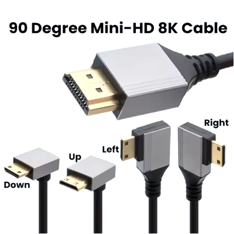 8K UHD Cable 0.5m 1m 90 Degree Up/Down/Left/Right Angle Mini-HD Micro-HD to HD Port Thin Cord for Laptop Camera Tablet Camcorder