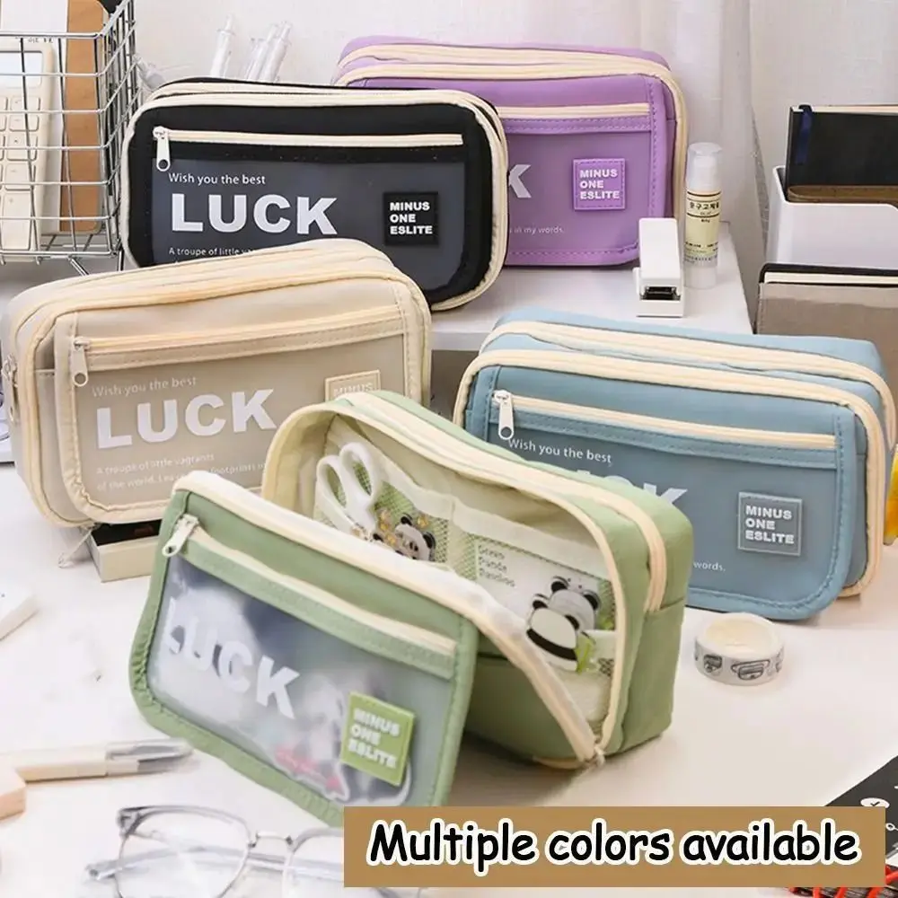 Large Capacity Translucent Pencil Case Multi-layer Matte Texture Translucent Pen Bag Flip Front Pocket Zipper Stationery Box