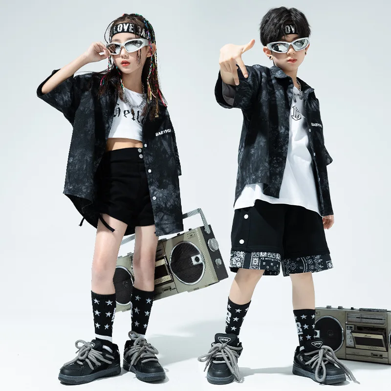 

Summer Kids Hip Hop Jazz Performance Clothes Sets Boys Short Sleeve Tie-dye Shirt + Shorts Teen Girls Street Dance Costumes