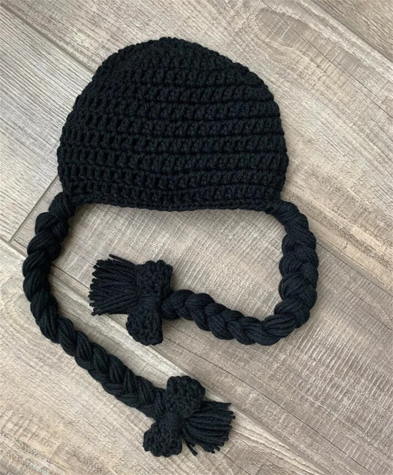 Children Baby Girl Hair Pigtail Wig Cap Hand Knitted Hat Black Winter Warm Hats and Caps for Kids Girls Photography Props