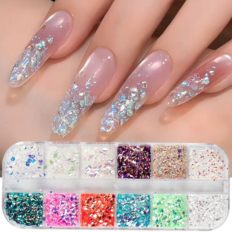 12 Grilles de Paillettes Holographiques Aurore Sirène Estivale pour Ongles, Poudre Scintillante 3D, Paillettes Hexagonales Iridescentes Brillantes, Décoration d'Ongles Y2K DIY