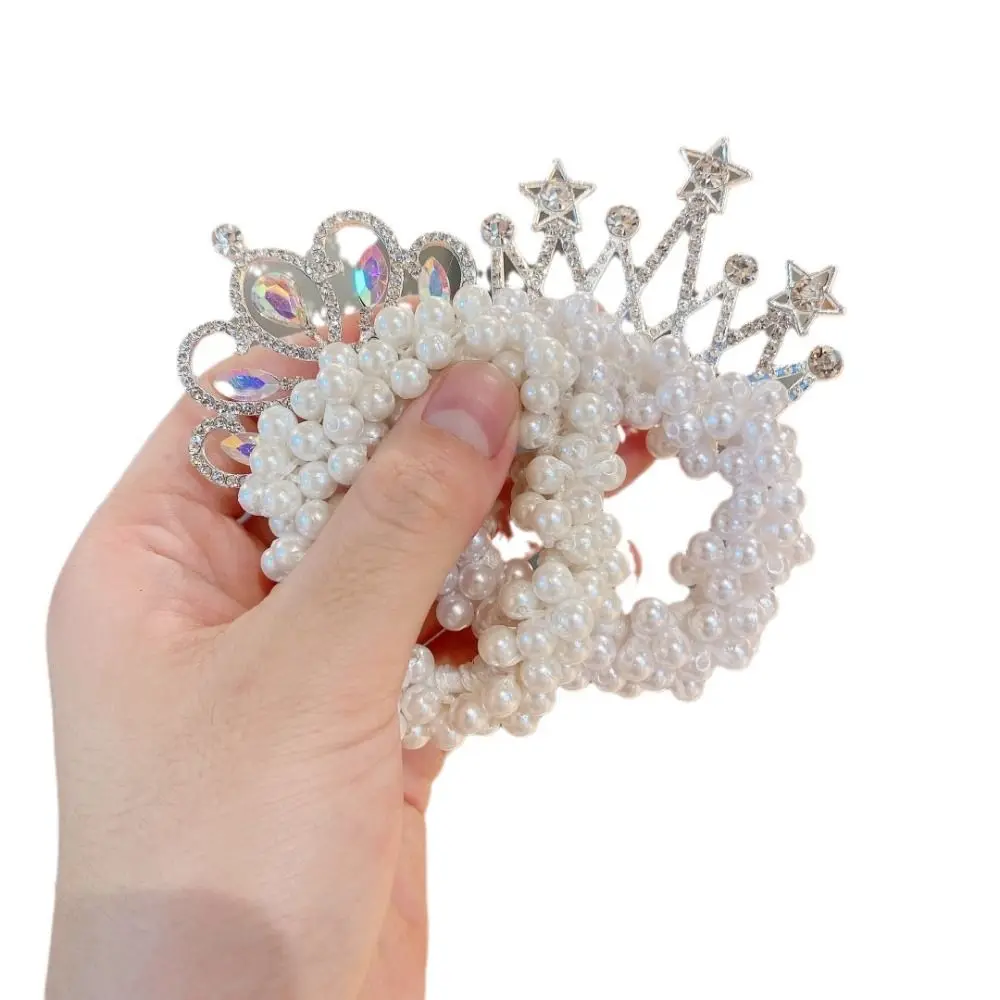 Fashion Pearl Crown Princess Hair Bands Elastic Rubber Bands Children Ball Hair Bun Ties Hair Styling Accessories