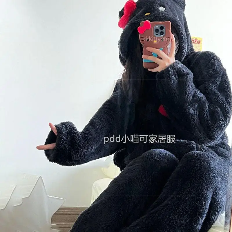 Sweet Cute Hello Kittys Pajamas Winter Coral Fleece Hooded Nightgown Thickened Warm Homewear Korean Women's Clothes Zipper Coat