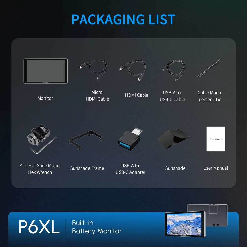 FEELWORLD P6XL 6" 1200NIT High Brightness Aluminum Camera Monitor Built-in Battery HDMI Outdoor Use Factory Direct Bulk Order