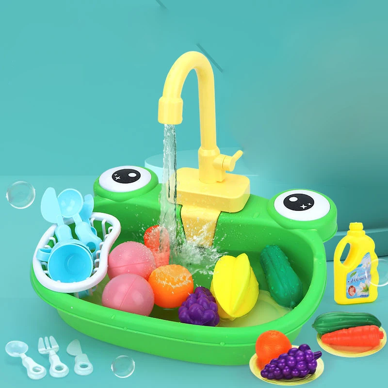 Children's automatic water outlet frog cute cow vegetable washing basin, simulation electric vegetable washing play kitchen toy