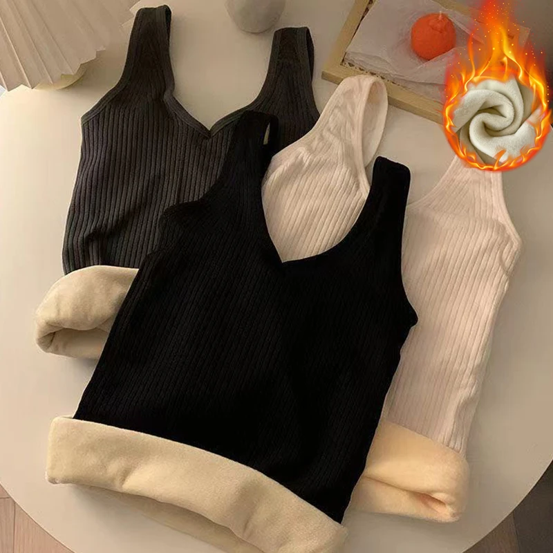 Women\'s Base Tank Tops Plush-Lined V-Neck Base Style Winter Warmth Solid Thermal Underwaist Vest Female Crop Tops Shirt Garment