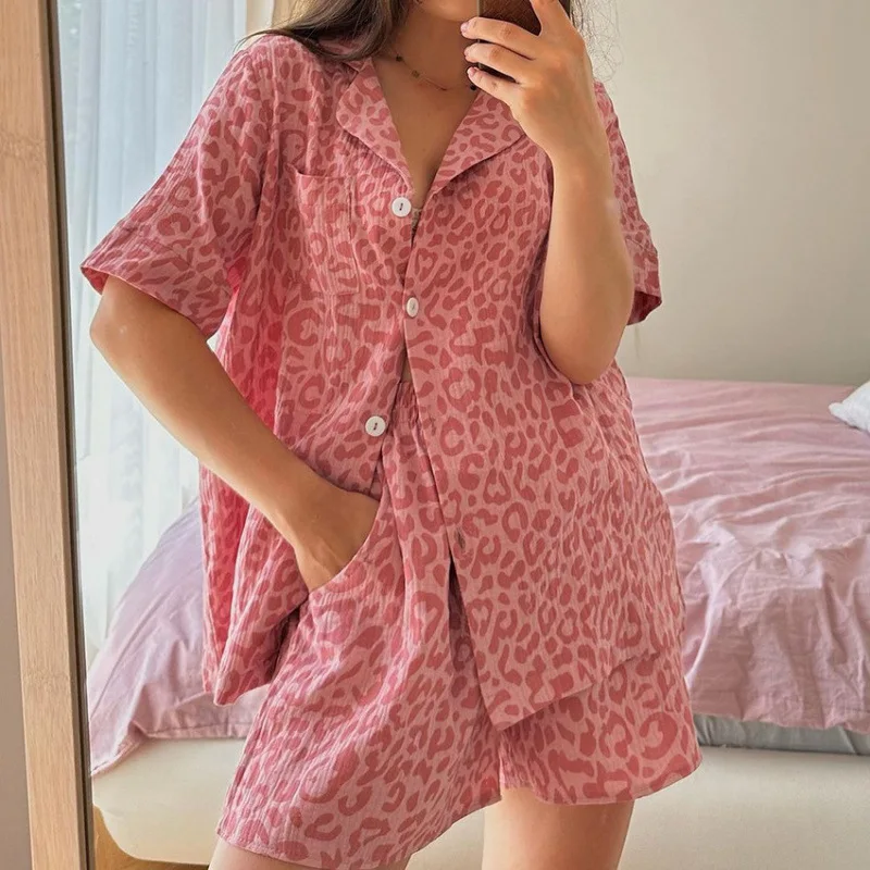 

Women's Casual Loungewear Set Sexy Leopard Print Cardigan 5/4 Sleeves and Comfortable Shorts for Autumn XL Size Cozy Two Pieces