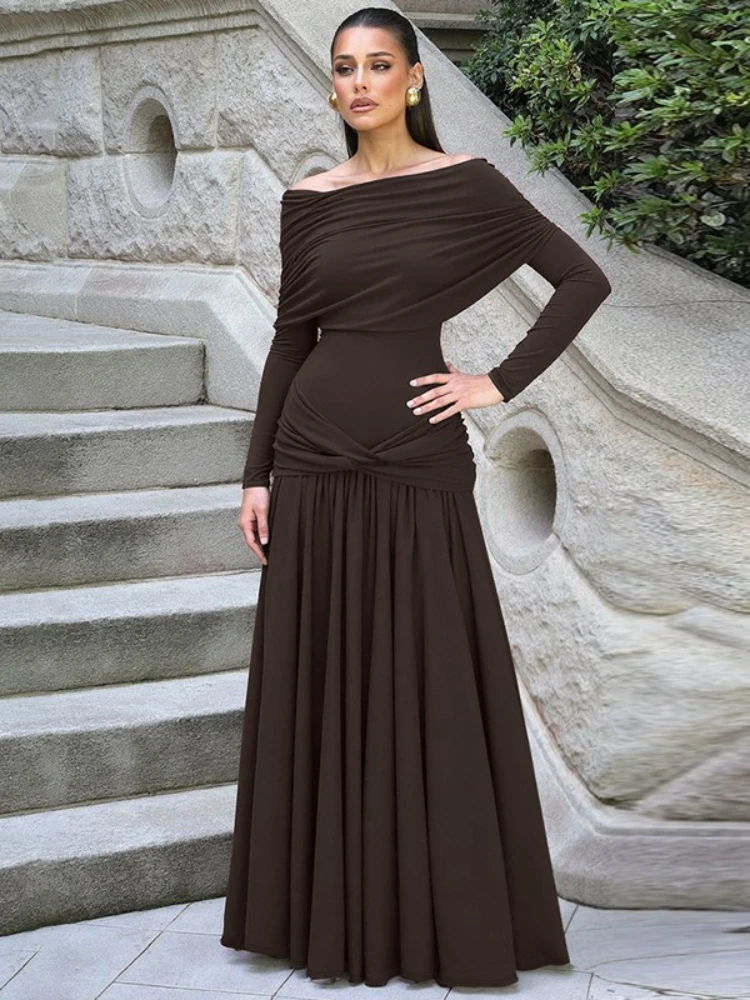 เดรสยาวทรงพลีทคอเฉียง ดีไซน์หรูหราจาก FDYOUI สำหรับผู้หญิง ฤดูใบไม้ร่วง 2025 แขนยาว แต่งระบาย  ชุดเดรสออกงาน ชุดราตรีสำหรับงานพรอม