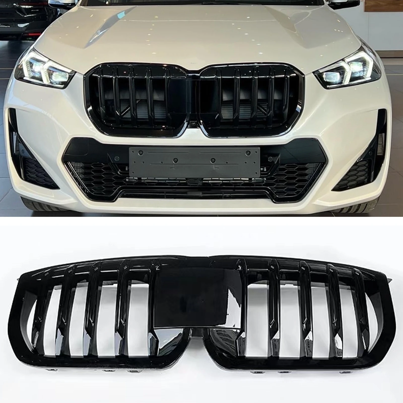 Front Grille Upper Bumper Hood Kidney Mesh Grills Grid Racing Single Line Style Auto Part For BMW X1 2023 2024