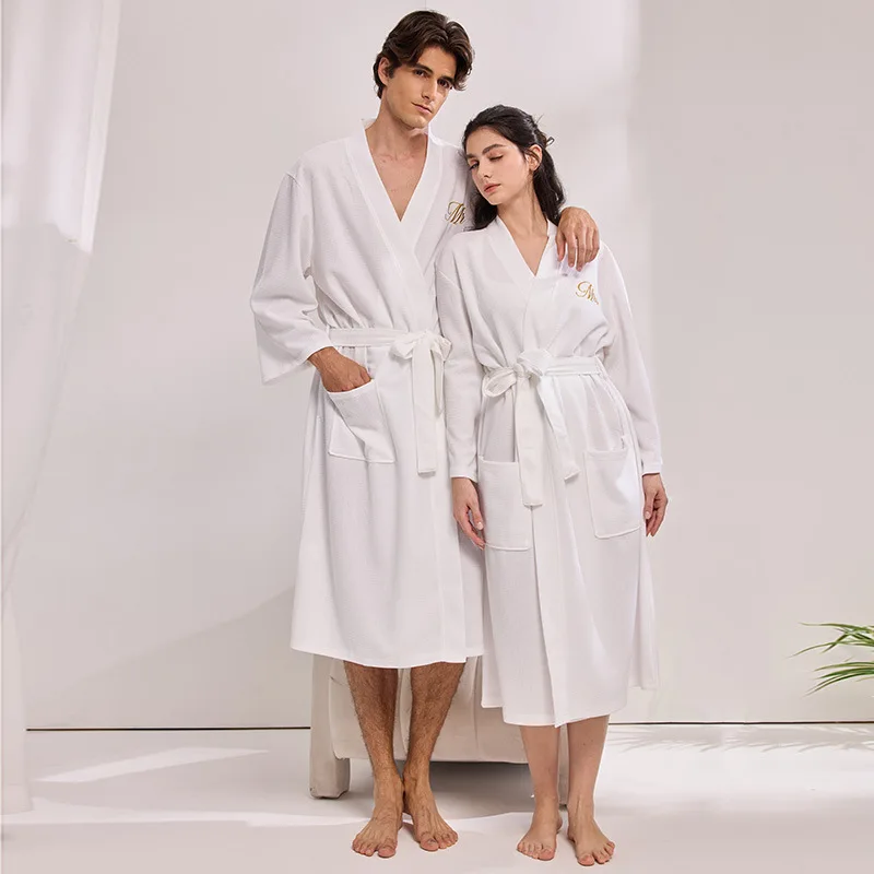 Mr Mis Embroidery Waffle Couple Bathrobe Kimono Gown Spring Autumn New Sleepwear Long Robe Home Dressing Gown Loose Loungewer