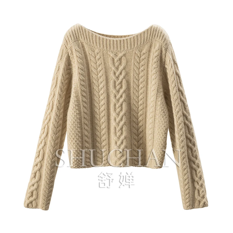 

Slash Neck Warm Luxury Retro100% Cashmere Sweater Women Blusa De Frio Feminina Crop Pull Femme Thick Long Sleeve Top