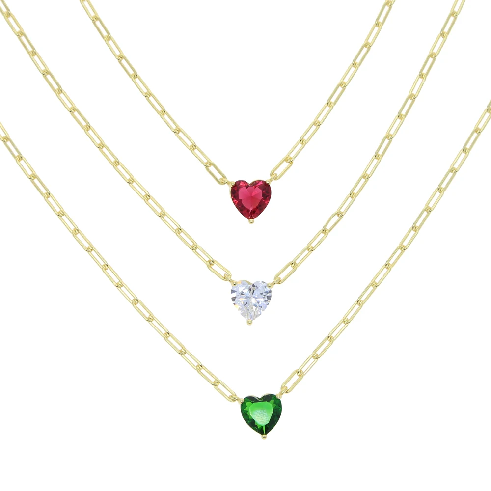 100% 925 Sterling Silver Gold Plated Vermeil 8mm Colorful Heart Shaped Cubic Zirconia CZ Necklace For Women