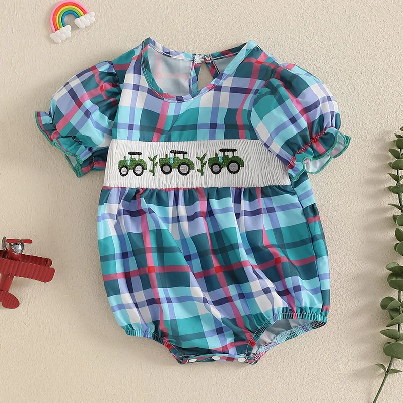 Newborn Baby Boys Girls Romper Crew Neck Short Sleeve Tractor Embroidery Plaid Bodysuit Infant Playsuit 0-18 Months