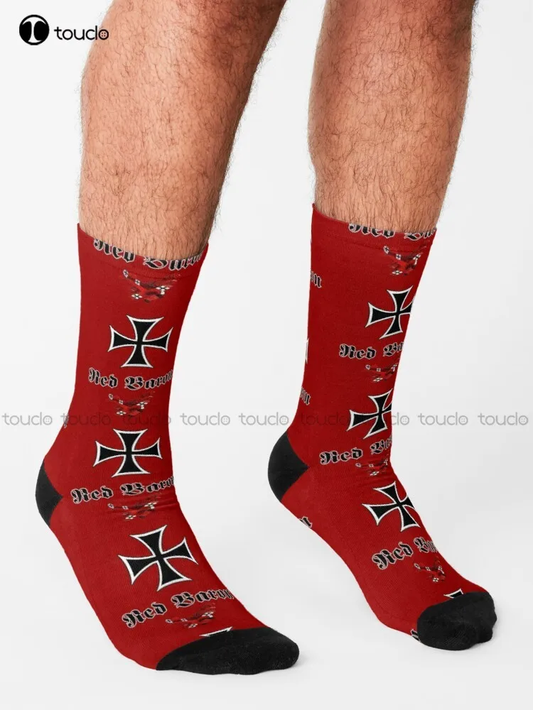 Manfred Von Richthofen The Red Baron And His Fokker Dr.1 On Red Background. Socks Fun Socks For Men Design Cute Socks  Art