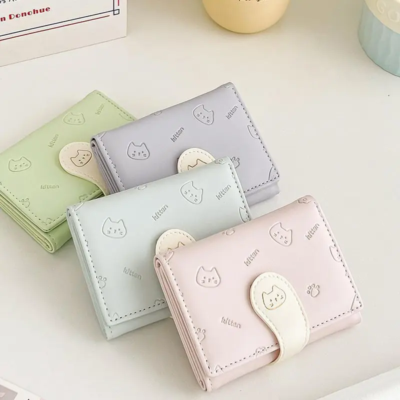 Cat Little Tail Cute Lady Card Bag Fashion Buckle Cartoon Print Short Change Bag