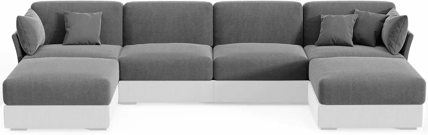 

U Shaped Sectional Couch Covers 10-Pcs Super Stretchable Sofa Covers 215gsm Soft Microfiber Protector Set Gray