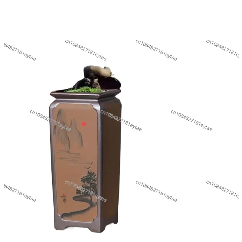 Chinese Purple Sand Orchid Flower Pot Ceramic Home Indoor Desktop Classical Landscaping Pot Semi-Handmade Square High Flower Pot