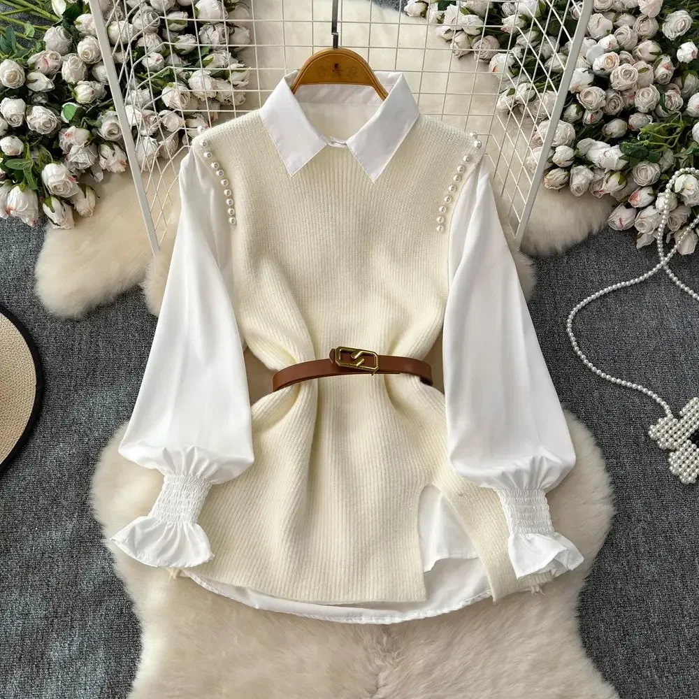 Women\'s Autumn Winter Graceful Lucky Red Pearl Sweater Vest Shirts Two Piece Set Lady Falls Knit Tank Tops Blouse with Belt