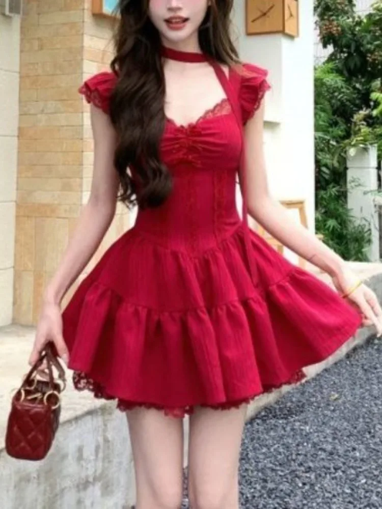 Korean Fashion Y2k Red Elegant Party Wedding Dresses Woman Clothing Holiday Lace Short Mini Dresses Summer One-piece Dress 2025