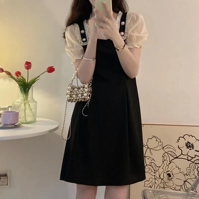 Mulheres gola redonda babados botão zíper vestido, gaze manga curta, patchwork, falso duas peças vestidos, doce, bonito, verão, novo, 2024