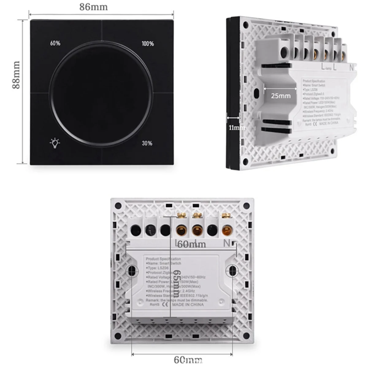 Infinite Knob Dimmer Regulator Zigbee 3.0 PC Panel Wall Light Switch 150-300W AC 110-240V Digital LCD Yandex(White)