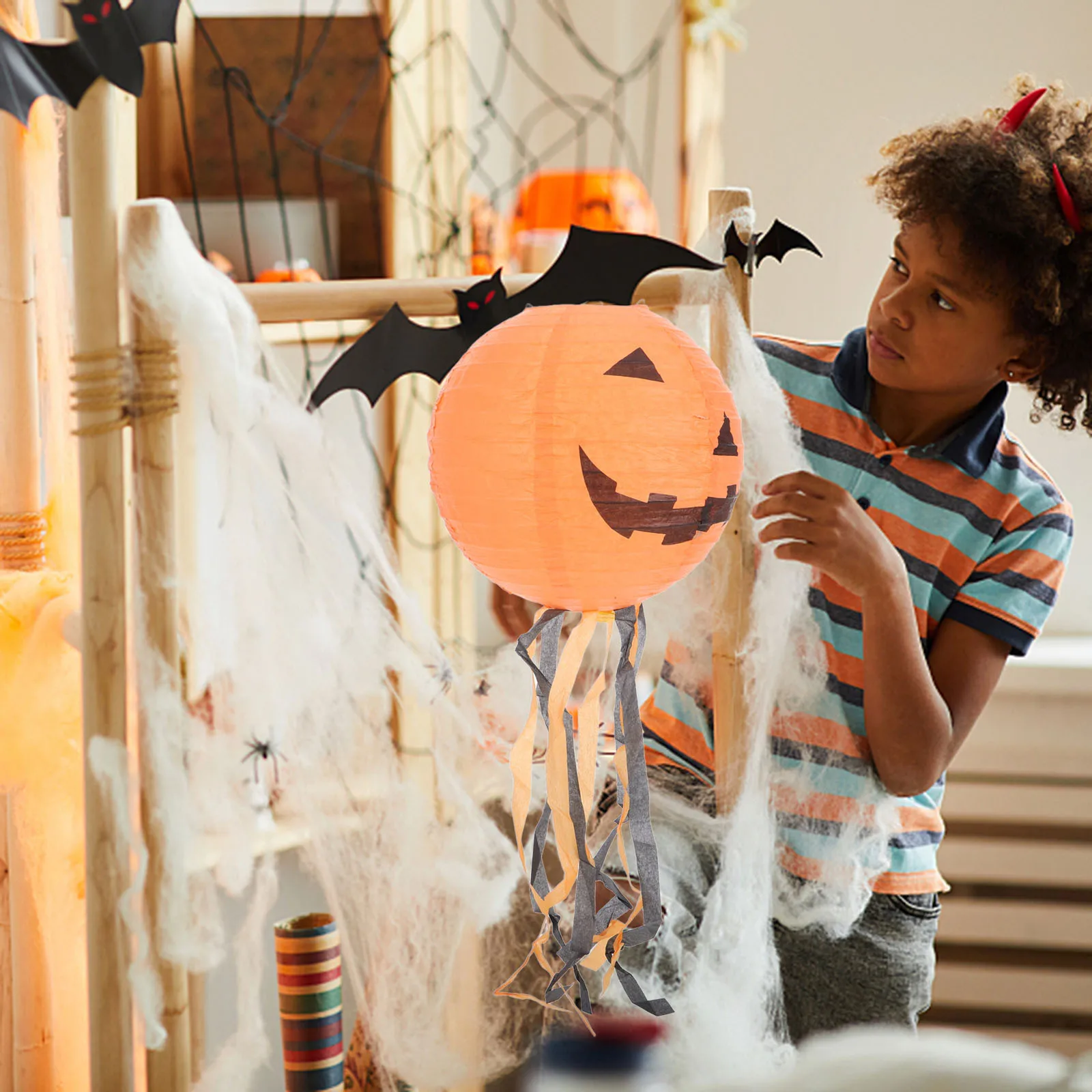 

10Pcs Pumpkin Paper Lanterns Halloween Decoration Party Hanging Round Lanterns 20cm with Tassels Colorful Lights