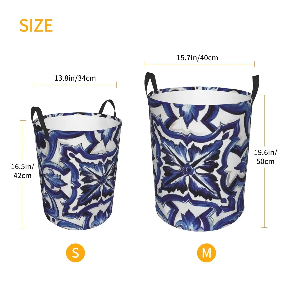 Blue Ornate Floral Mediterranean Sicilian Tile Laundry Baskets Dirty Clothes Toys Sundries Storage Basket Large Bucket For Home