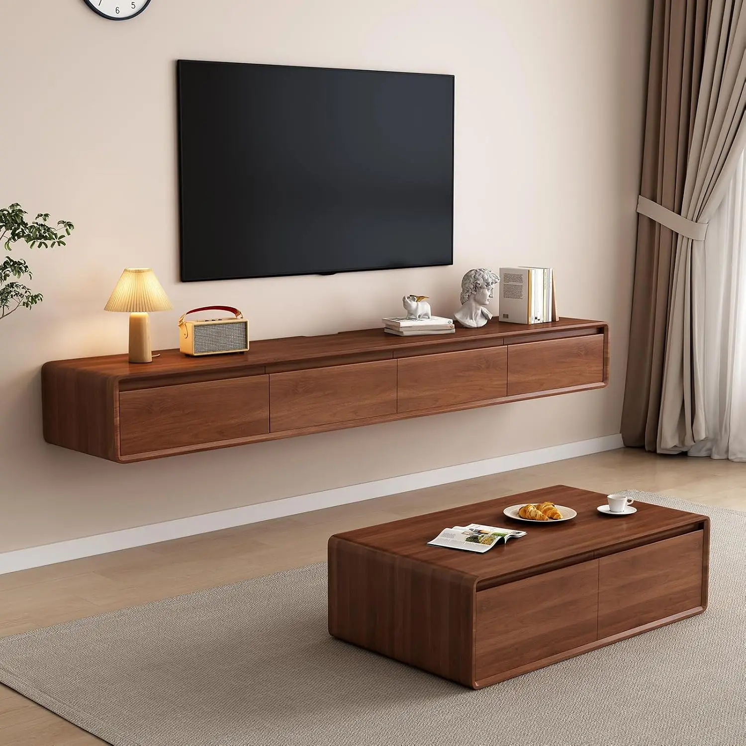 Wall Mounted Floating TV Console With Flip-Down Doors & Drawers, Media Storage Shelf For Living Room, 63x8x9.5IN, Customized