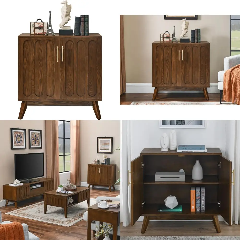 Mid Century Modern Buffet Cabinet with Doors and Shelves, Boho Style Wooden Storage for Living Room