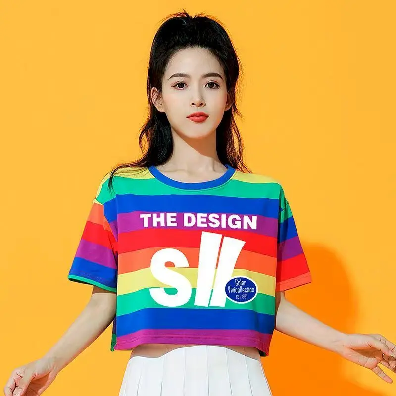 

Rainbow Stripe T-shirts Women Jazz Dance Performance Clothes Summer Trend Short Sleeve Tshirt Cheerleading Performance Costume