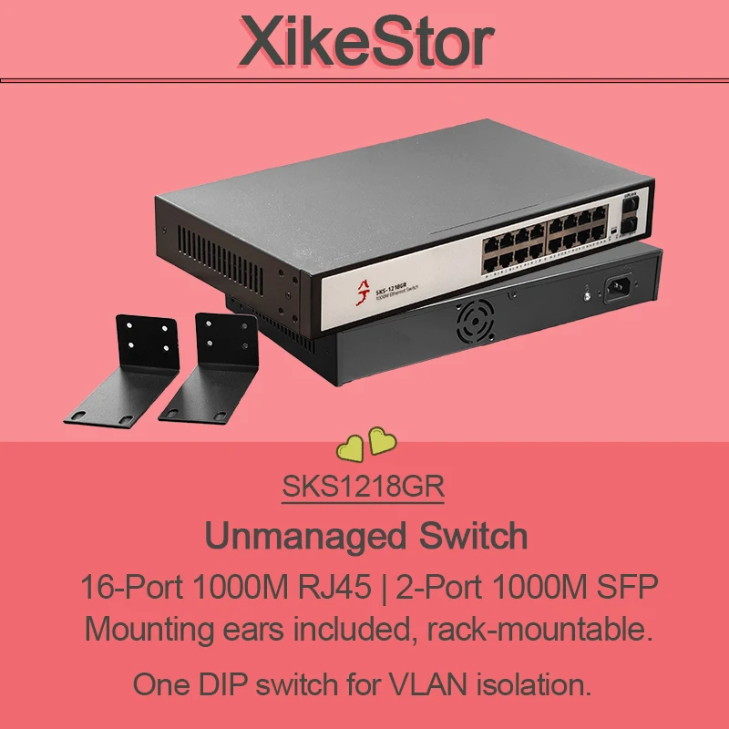 

Неуправляемый коммутатор XikeStor, 16-портовый 1000M RJ45 + 2-портовый 1000M SFP, Plug and Play, один DIP-переключатель для изоляции VLAN
