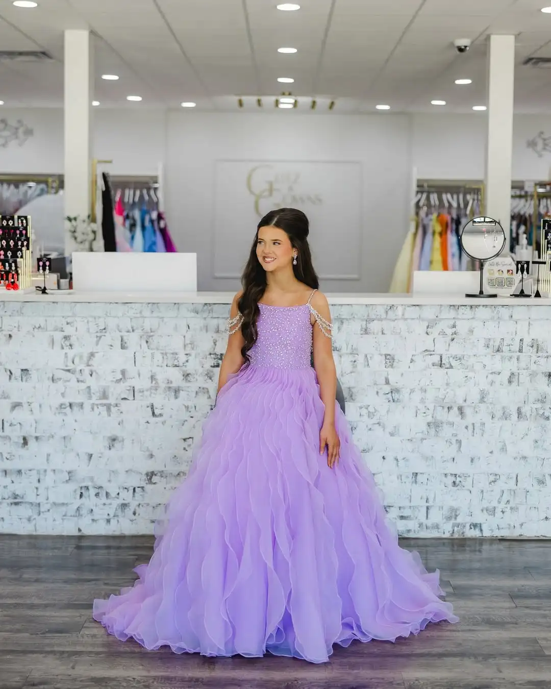 Customized Lavender Tulle Flower Girl Dress Rhinestone Spaghetti Strap Ruffle Tiered Ball Gown With Train Kids Pageant Dresses