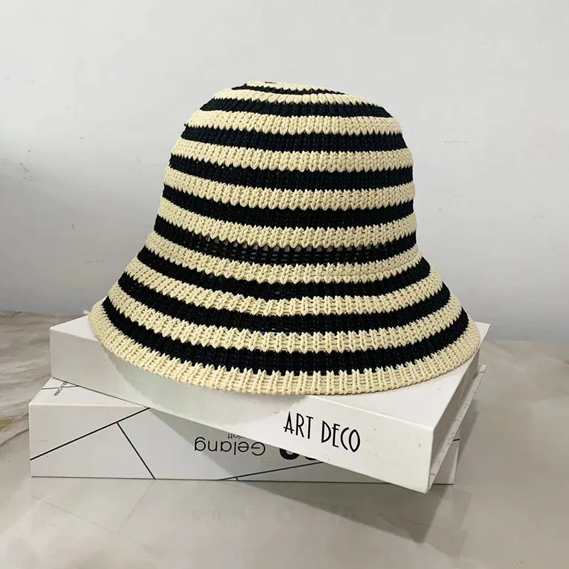 Sombrero de pescador hueco a rayas para mujer, protector solar tejido para exteriores, gorra de pescador transpirable, moda versátil, viaje, Panamá, primavera y verano