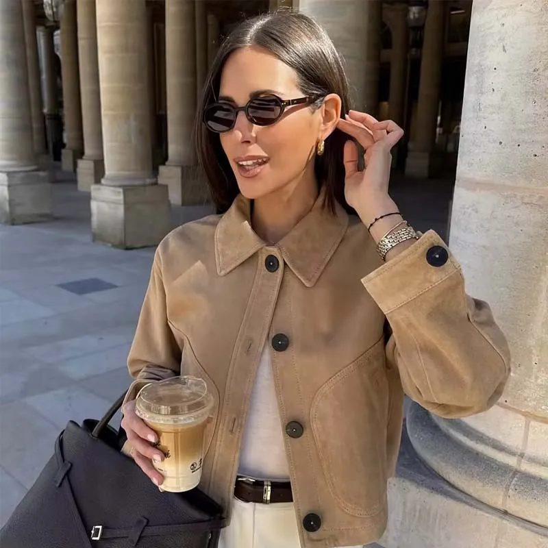 

YENKYE 2025 Women Faux Suede Leather Short Jacket Single Breasted With Pockets Streetwear Autumn Outerwear Female Outfits
