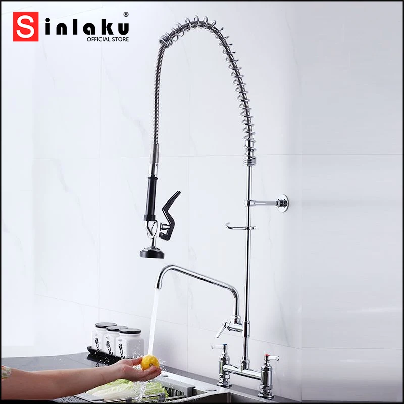 

SINLAKU Commercial Kitchens Sink Faucet Chrome Finished Three Holes Spray Flushing and Stream Outlet Hot Cold Water Mixer Taps