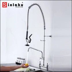 SINLAKU Commercial Kitchens Sink Faucet Chrome Finished Three Holes Spray Flushing and Stream Outlet Hot Cold Water Mixer Taps