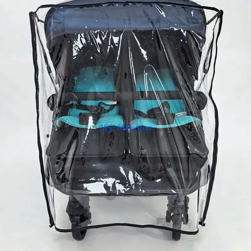 Q1FE Twin Baby Pram Rain Guard Water Resistant Fabric with Phone Storage Pocket Compact Foldable Design for Parents