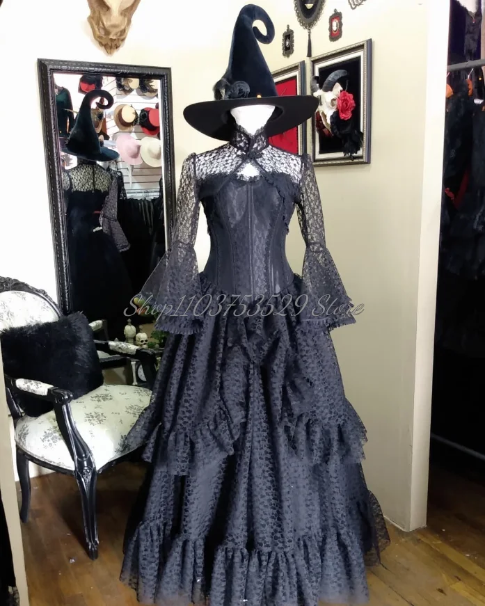 Vestido de casamento vitoriano gótico, vestidos de noiva pretos puros, renda plissada, espartilho atado, corpete vintage, xale destacável, sanguessugas