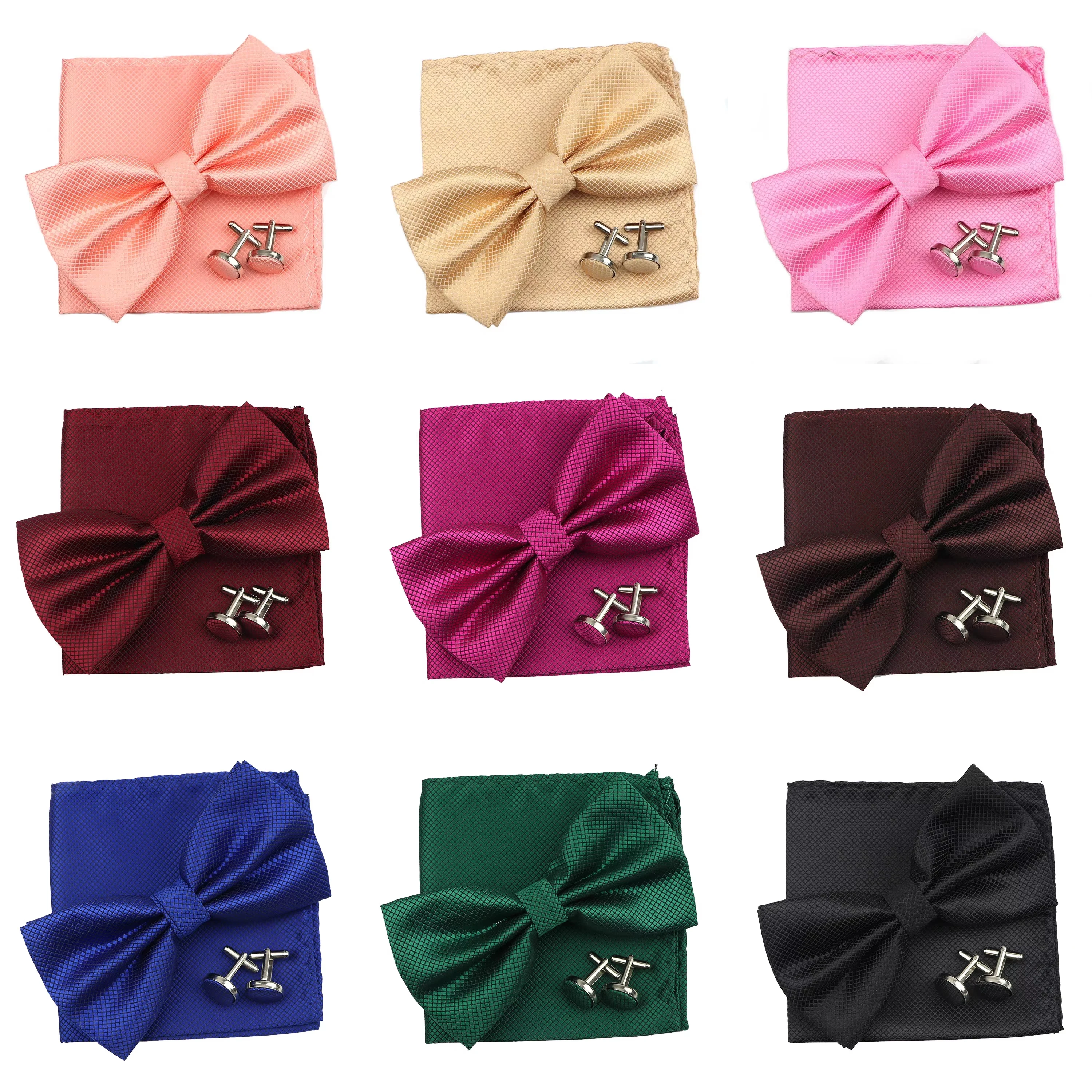 Einfarbig Bowtie Set Für Männer Jacquard Gewebt Fliege Taschentuch Manschettenknöpfe Hochzeit Party Business Bräutigam Anzug Hemd Zubehör