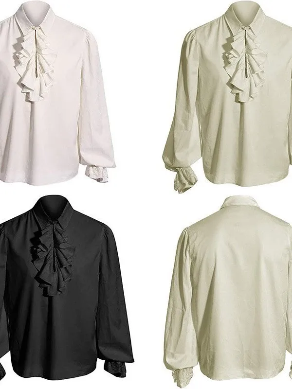 Medieval Gothic Style Long Sleeve Lace Shirt Unisex Halloween Cosplay Top Pure Color Multi-Color Options Women's Men's Fashion