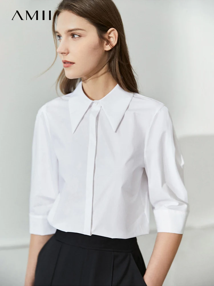 AMII Minimalism Chic Shirts & Blouses 2023 Summer New Turndown Collar Half Sleeves French White Shirts Women Clothing 12342324