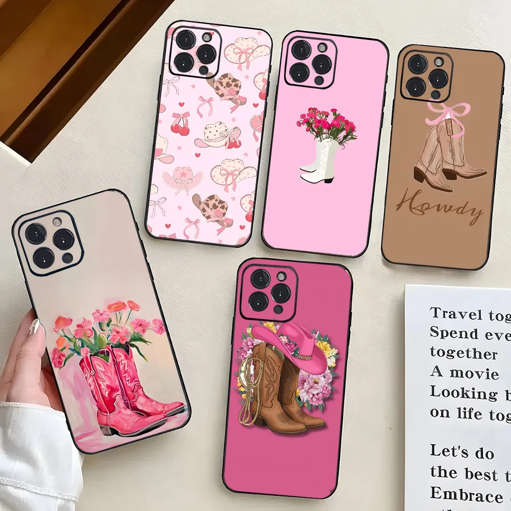 

EPC Pink Women Boots Cowboy Hat Fashion Phone Case Silicone Soft For IPhone 16 15 14 13 12 11 X XR Plus Pro Max Plus