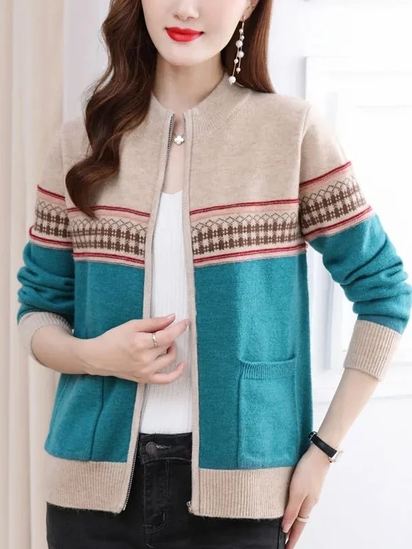 Color-Block Knitted Open Cardigan Sweater Women's Style Autumn Winter New Fashion Lazy Style Top Trendy Long Sleeve round Neck
