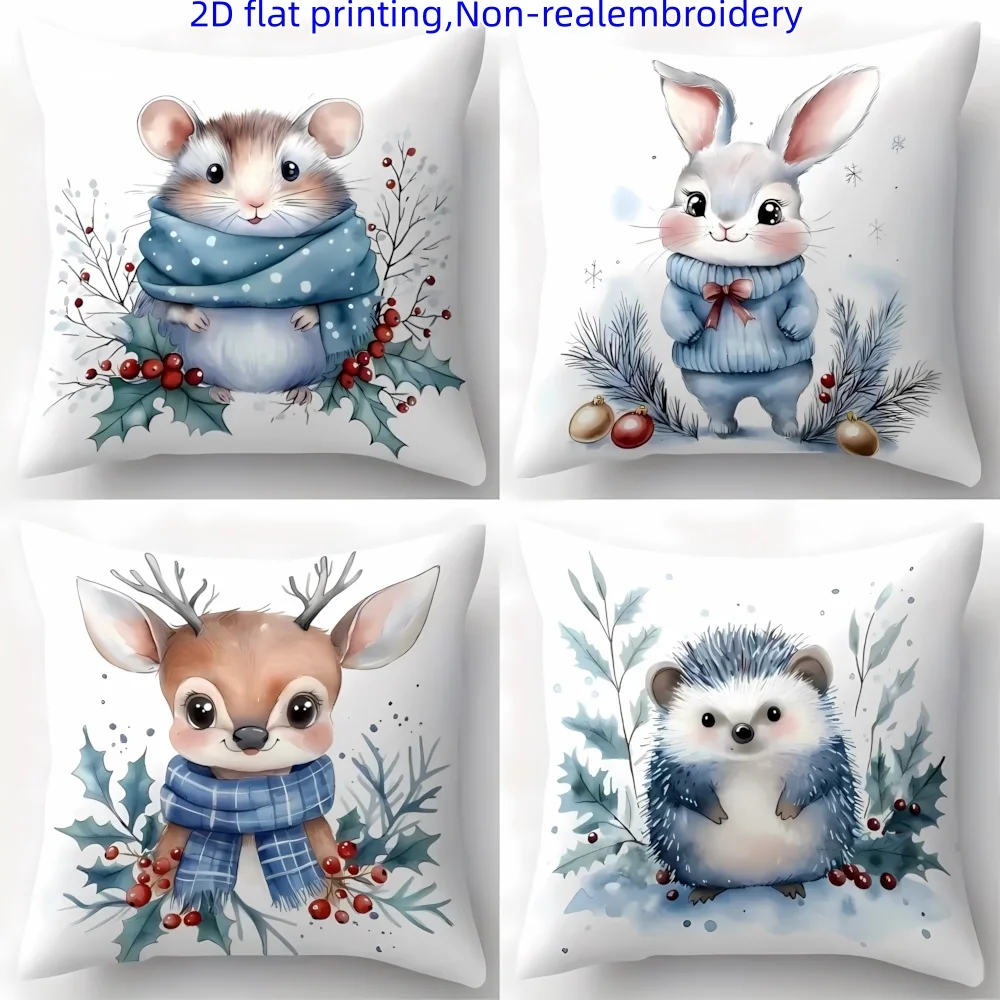 4pcs 2D Flat Printing Winter Theme Pillow Covers, Featuring Hamsters with Scarves, Rabbits in Sweaters, Deer Wearing Plaid Scars