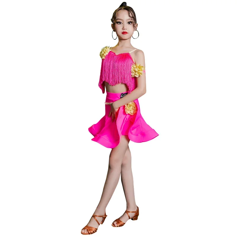 Girls Kids Latin Dance Dresses Children High-end Tassels Fringes Modern Ballroom Latino Dancing Training Performance Clothing