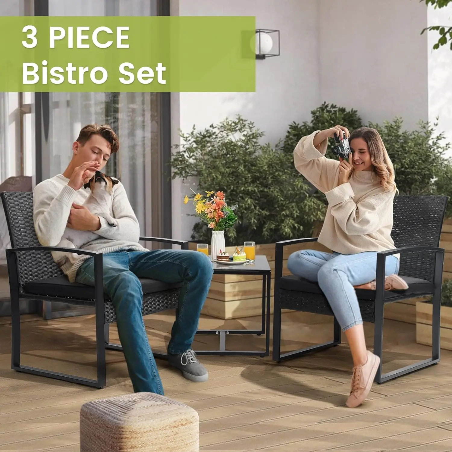 3-Piece Rattan Patio Bistro Set, black frame with cushions, matched coffee table for balcony, garden and poolside image 2